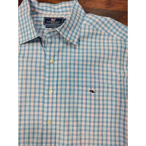 Vineyard Vines Slim Fit Blue Gingham Plaid Long Sleeve Tucker Shirt Men's Large - Picture 6 of 9